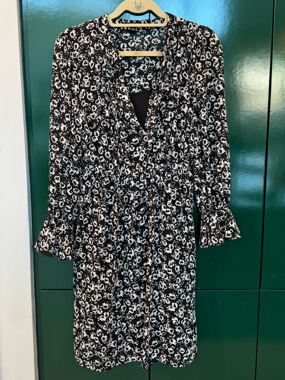 J. Crew Black and White Floral Long-Sleeve V-Neck Dress